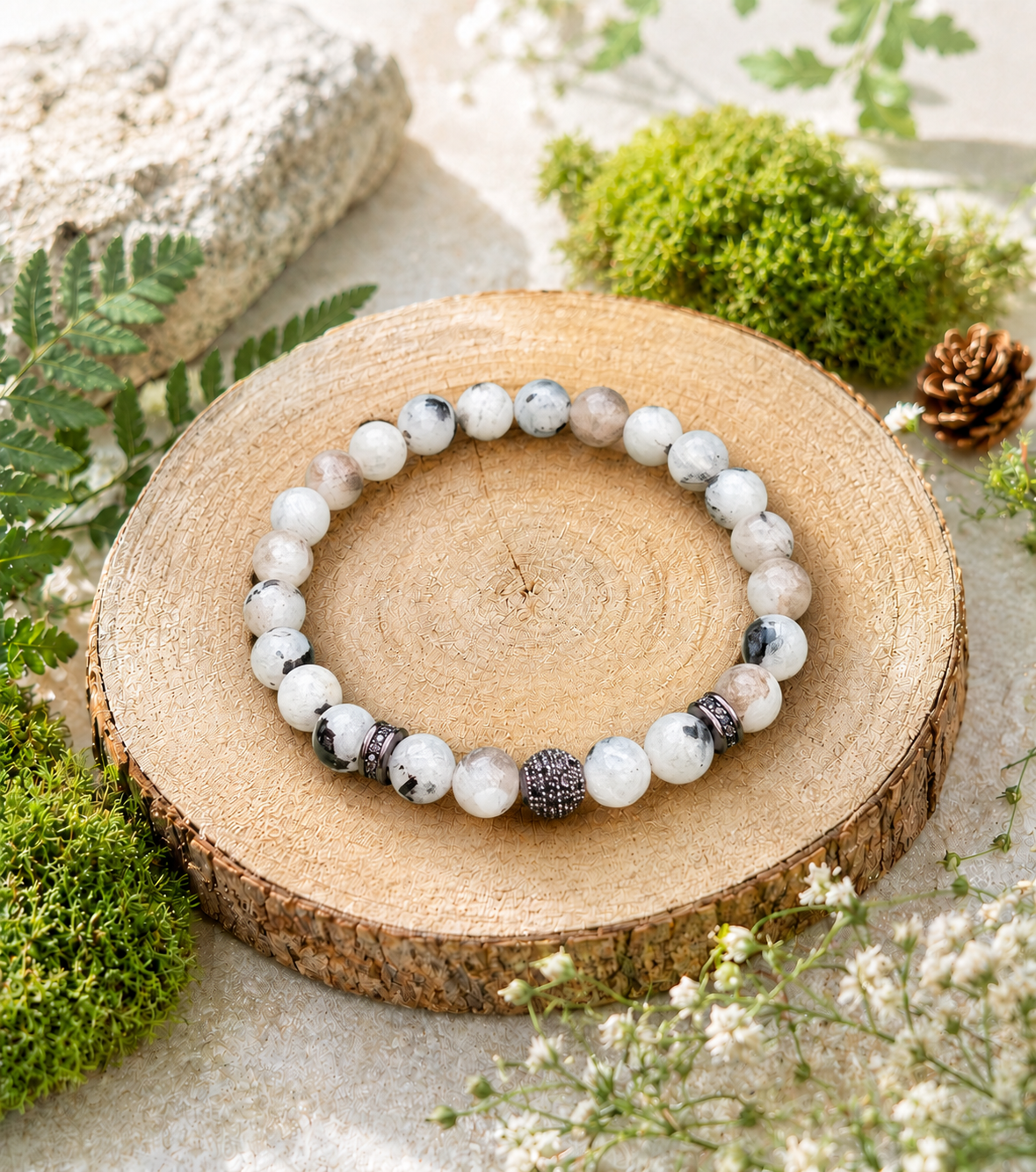 Náramek z pravého měsíčního kamene s turmalínem ze Srí lanky